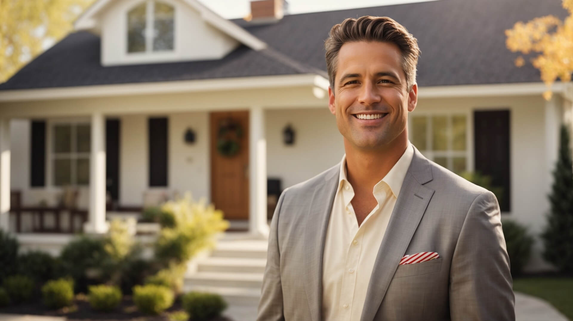 Finding a buyers agent standing proudly in front of California home for sale.