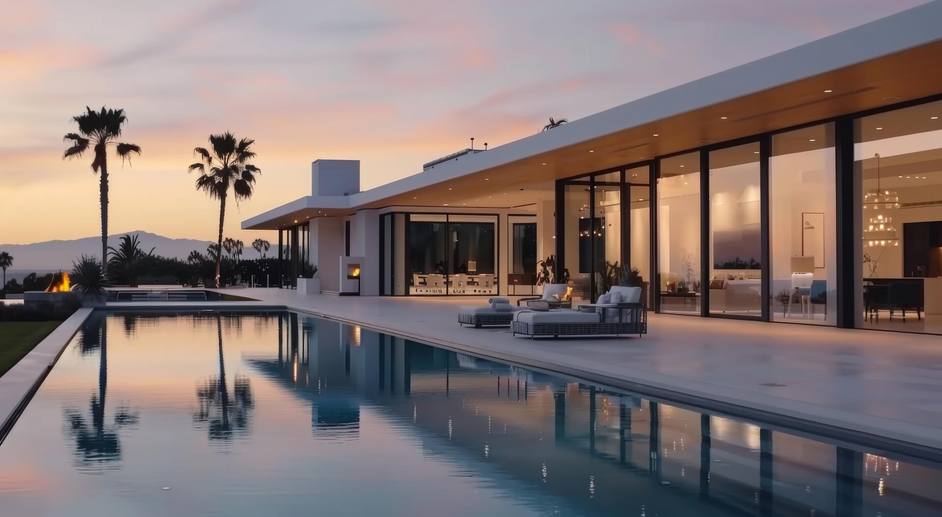 Modern houses for sale in Encinitas CA with beautiful sunset.