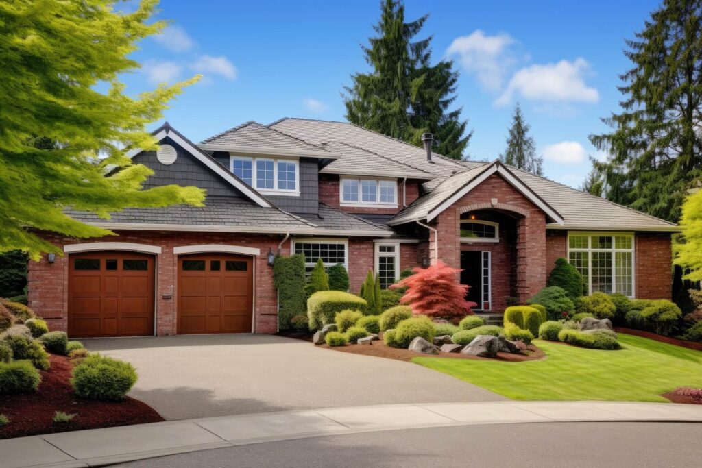 Similar style of a Los Cerros Folsom home exterior, featuring a combination of brick and siding, a double garage, and expansive windows