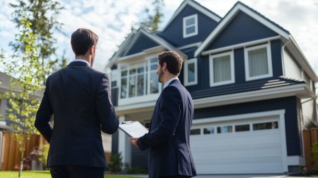 Real estate agent showing a California home to a potential buyer.