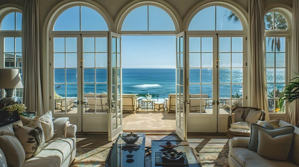 View of luxury home in Del Mar, CA with ocean views, showcasing the benefits of flat fee MLS services for high-end real estate listings.